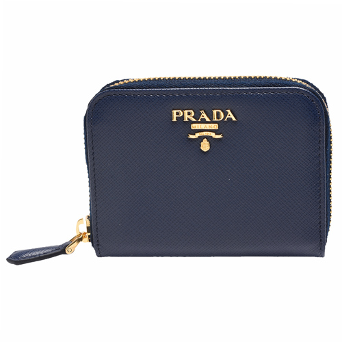 PRADA SAFFIANO METAL金色浮雕LOGO防刮牛皮拉鍊卡夾/零錢包(墨藍)