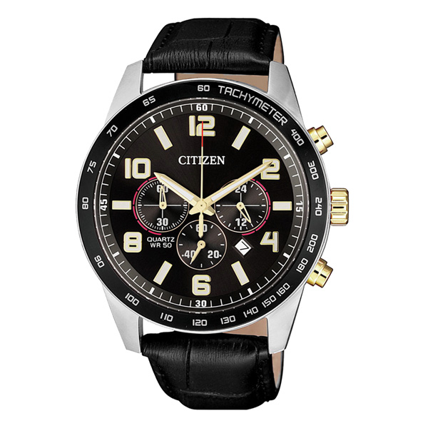 CITIZEN 榮耀時刻三眼計時腕錶-黑皮革(AN8166-05E)/43mm