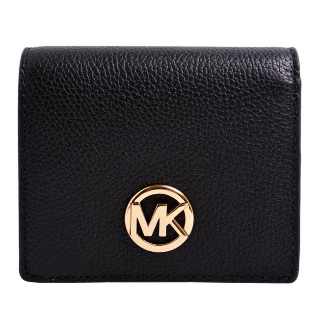 MICHAEL KORS FULTON 金色圓標LOGO荔枝紋皮革短夾-黑