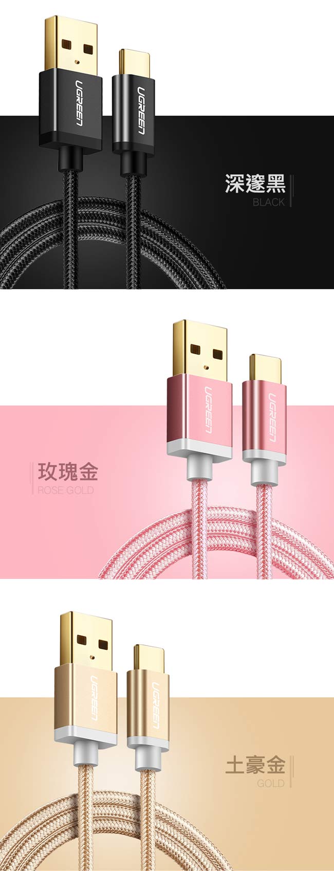 綠聯 USB Type-C快充傳輸線 BRAID版 深邃黑 2M