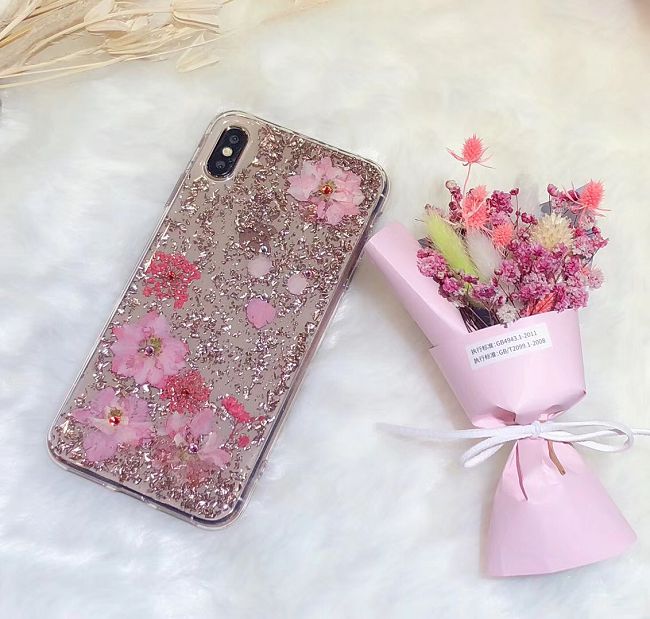 Kingxbar iPhone X/XS(5.8吋)施華洛世奇彩鑽+真花保護殼-飛燕草紫