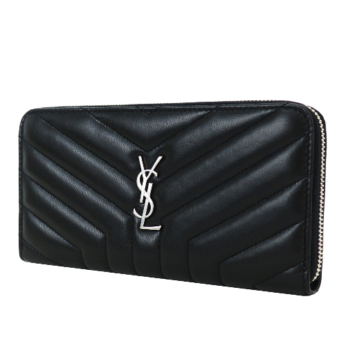 YSL MONOGRAM系列 Y車線羊皮銀釦拉鍊長夾(黑)