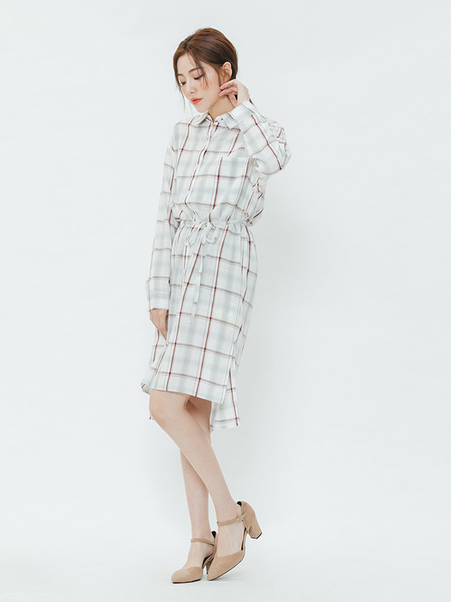 H:CONNECT 韓國品牌 女裝-格紋綁繩襯衫洋裝-紅