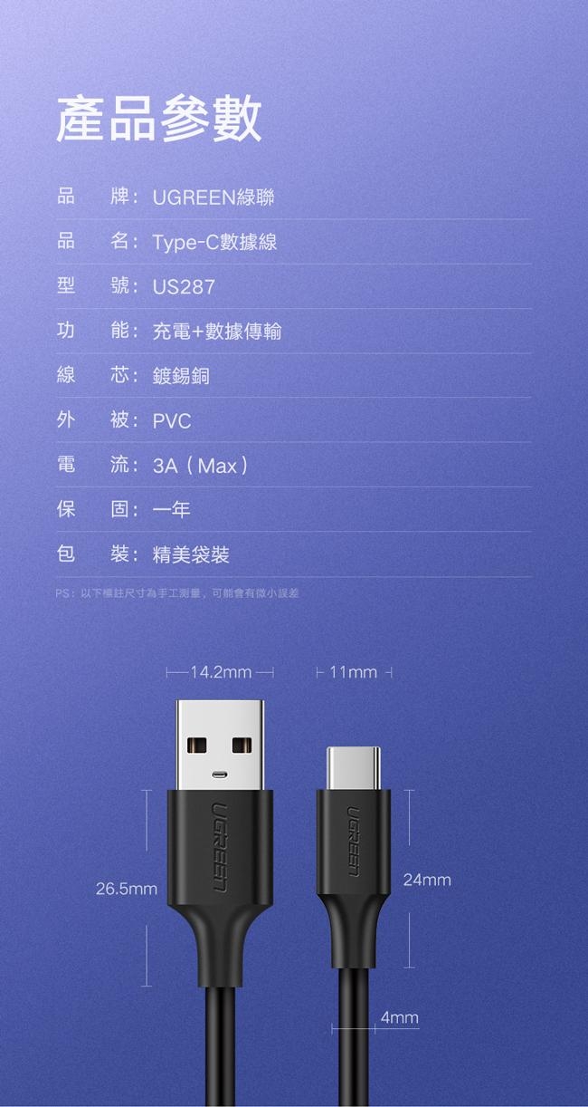 綠聯 USB-C/Type-C快充傳輸線 白色 升級版 1M