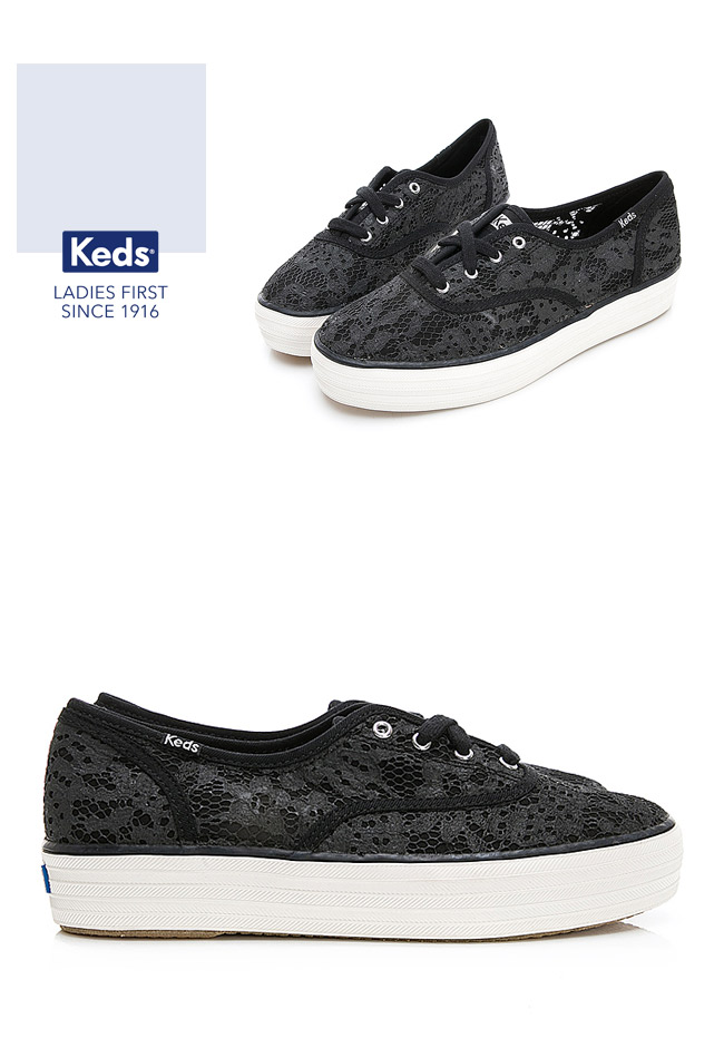 Keds TRIPLE 蕾絲緹花厚底綁帶帆布鞋-黑