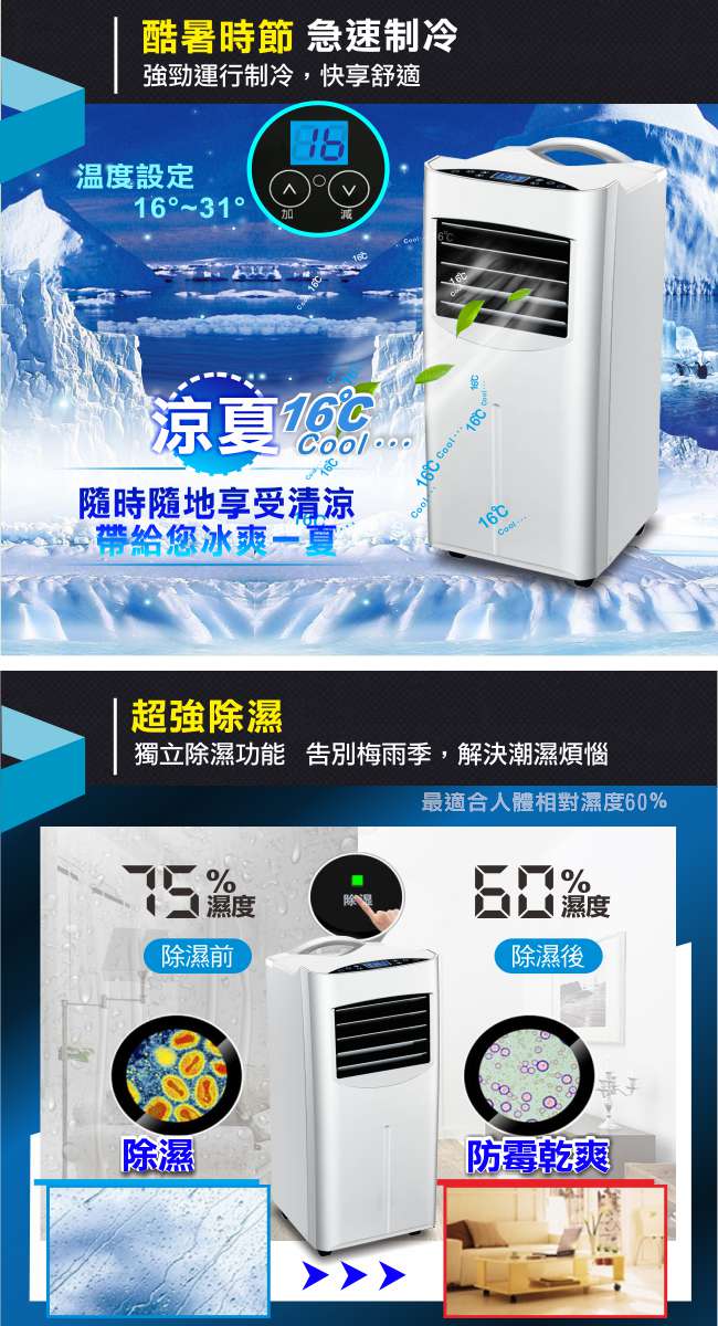 LENDIEN聯電 5-7坪冷專清淨除濕移動式冷氣機9000BTU(LD-2360C)