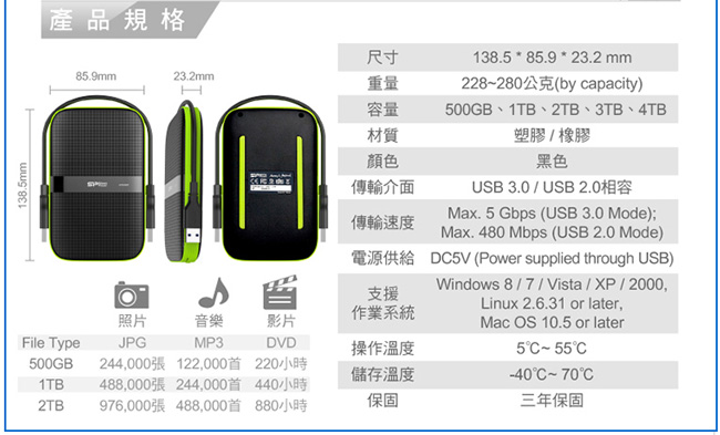 SP廣穎 Armor A60 1TB(黑綠) 2.5吋軍規防震行動硬碟