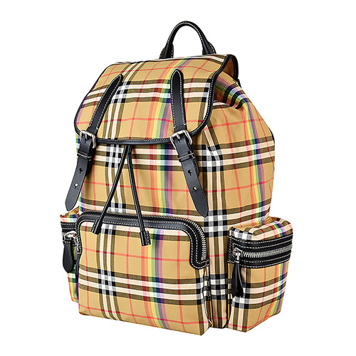 BURBERRY THE RUCKSACK經典VINTAGE彩虹格尼龍拼接牛皮藍背帶軍旅後