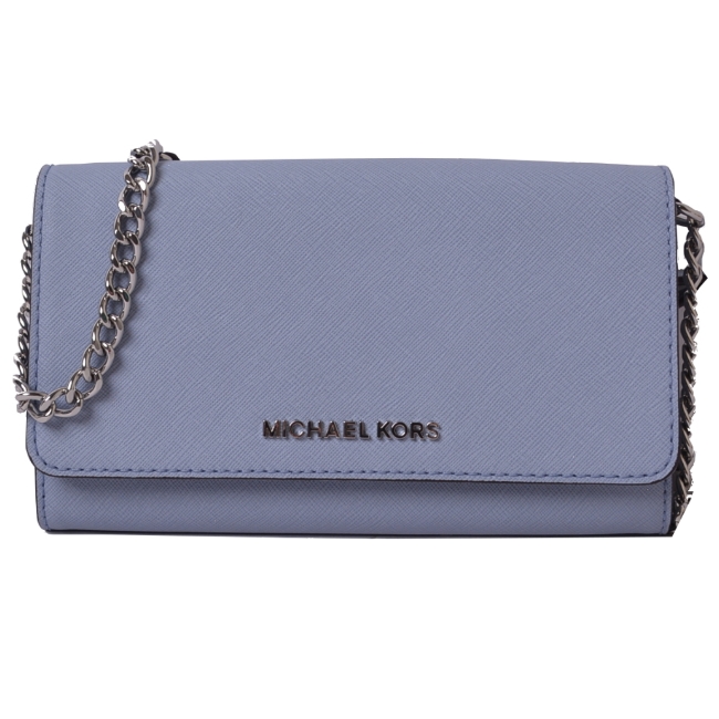 MICHAEL KORS JET SET銀字LOGO防刮皮革長夾/斜背兩用包-天空藍