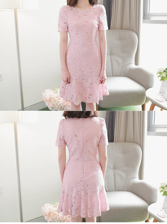 洋裝 正韓圓領蕾絲荷葉裙襬修身短袖洋裝(粉) N2