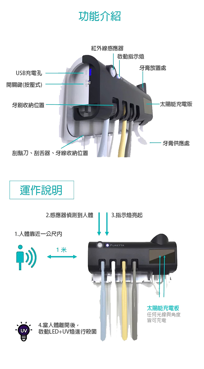 美國PURETTA 太陽能紫外線消毒牙刷收納架