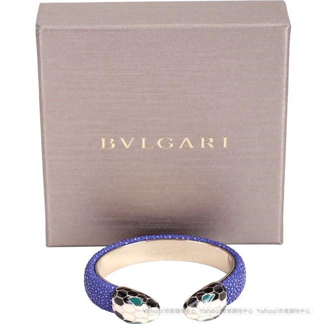 BVLGARI 寶格麗 Serpenti Forever 雙蛇頭藍色珍珠魚皮金屬手環