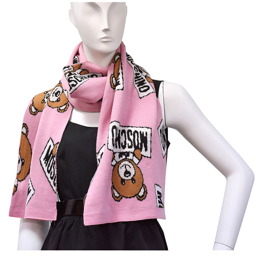 MOSCHINO 小熊玩偶圖案造型羊毛針織圍巾(玫粉)