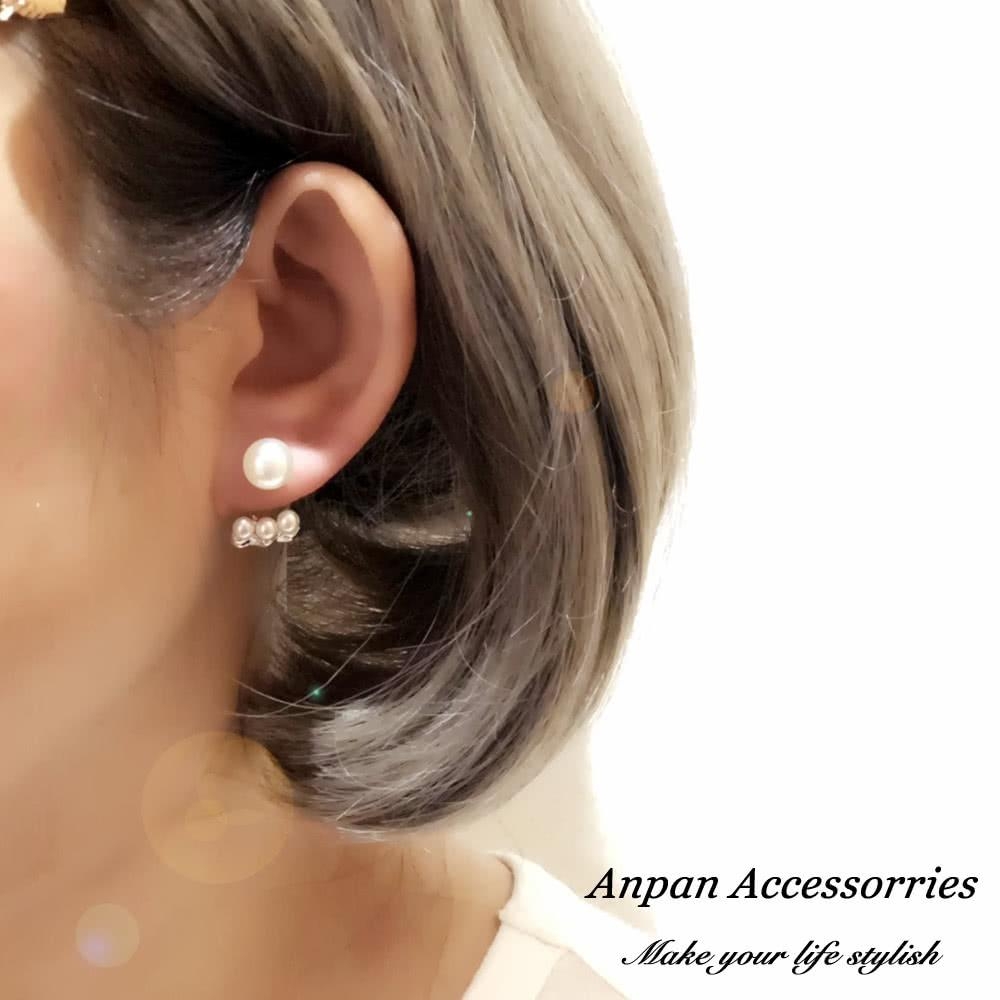 【Anpan 愛扮】韓東大門扇形珍珠925銀針後扣耳釘式耳環-銀