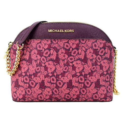 MICHAEL KORS EMMY金字花卉防刮鍊帶斜背包(中/紫紅)