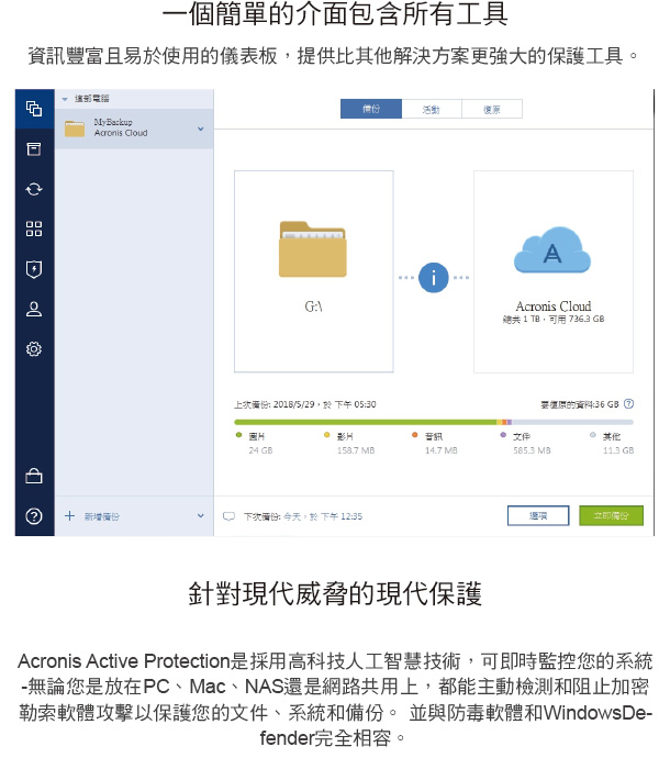 安克諾斯Acronis True Image 2019進階版1年授權250GB-1台裝置