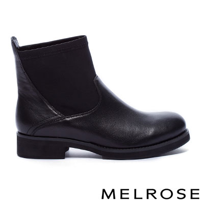 短靴 MELROSE 時尚率性異材質拼接純色粗低跟短靴－黑