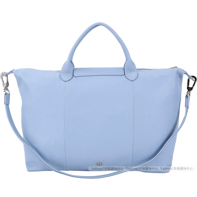 LONGCHAMP Le pliage Cuir 大型短提把羊皮摺疊手提肩背包(水藍色)