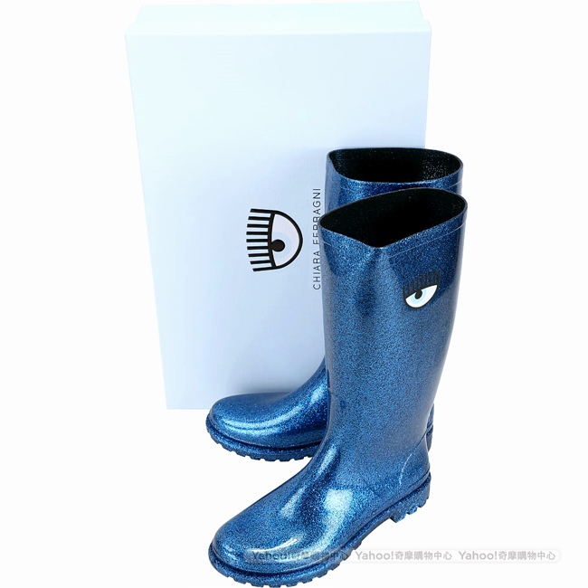 Chiara Ferragni Rainboot 眨眼圖騰長筒雨靴(亮片藍)