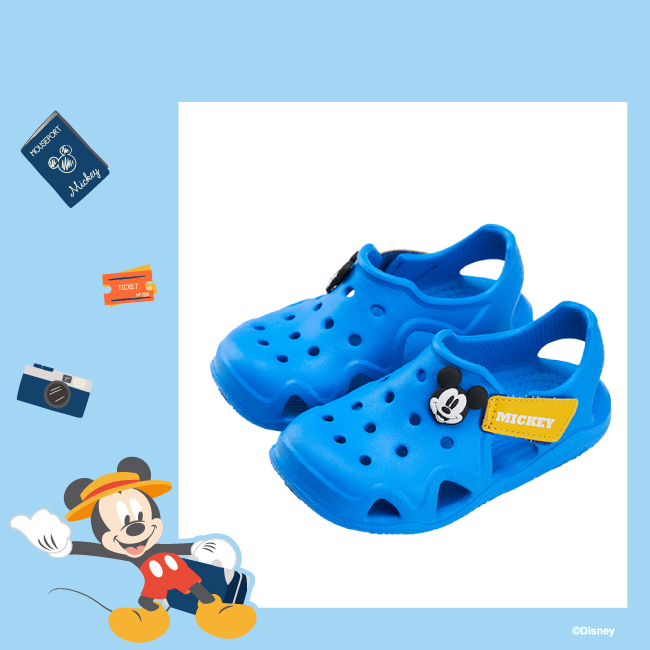 迪士尼童鞋 米奇 魔鬼氈防水洞洞涼鞋-藍