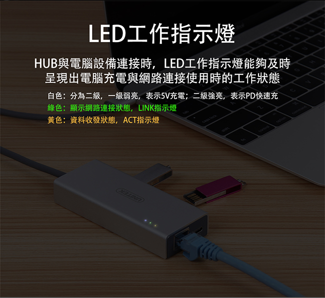 UNITEK Type-C 2埠USB3.1 HUB+有線網卡