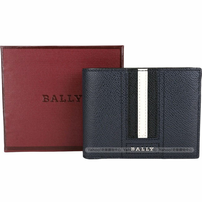 BALLY BEVYE 經典黑白條紋夜藍色六卡對折短夾