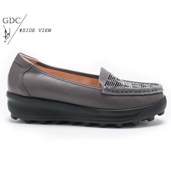 GDC-真皮秋冬閃爍水鑽舒適厚底休閒鞋-深灰色