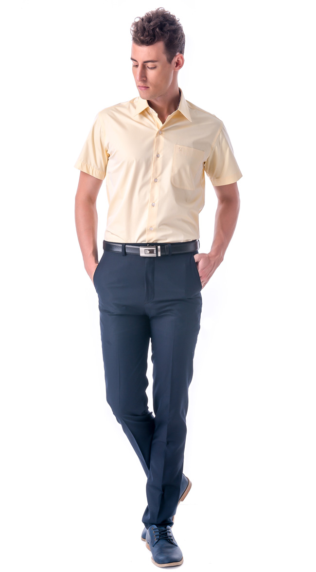 金‧安德森 經典格紋繞領黃色窄版短袖襯衫