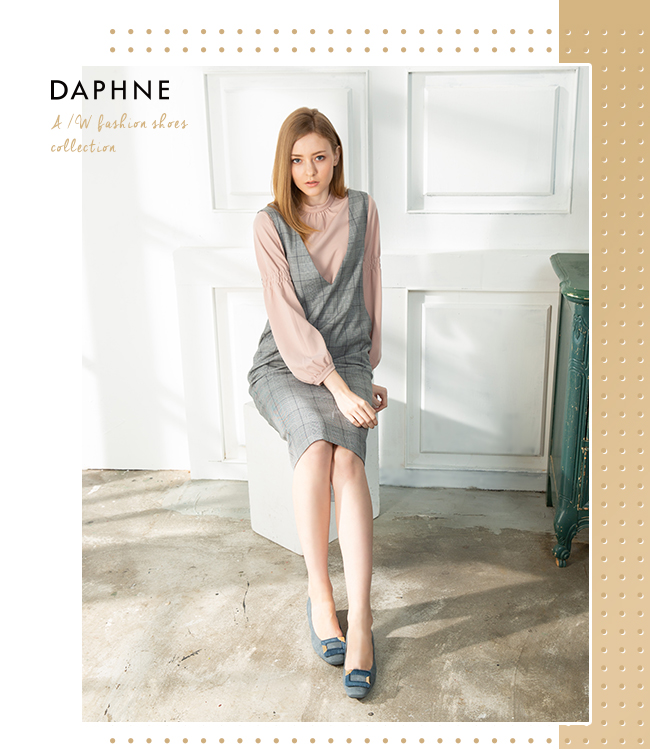 達芙妮DAPHNE 低跟鞋-絨毛方釦金屬時尚低跟鞋-藍