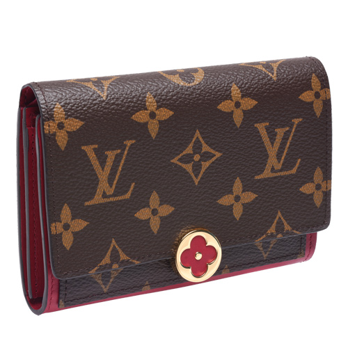 LV M64588經典Flore系列Monogram帆布印花牛皮飾邊花卉暗釦短夾(紫紅色)