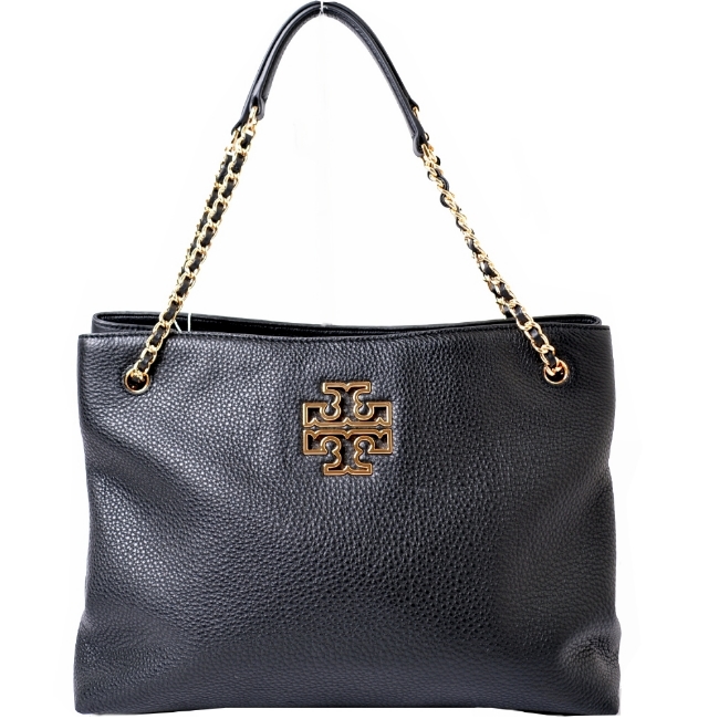 TORY BURCH BRITTEN 經典鏤空LOGO荔枝紋皮革鍊帶肩背包-經典黑