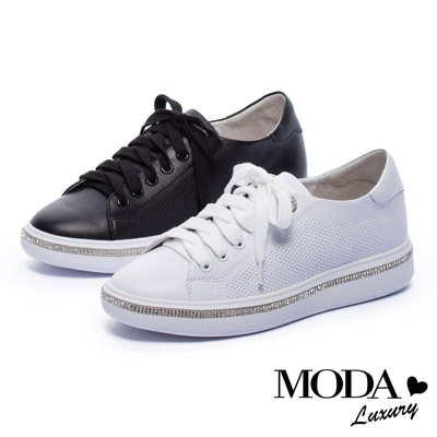 休閒鞋 MODA Luxury 街頭率性綁帶沖孔全真皮厚底休閒鞋－白