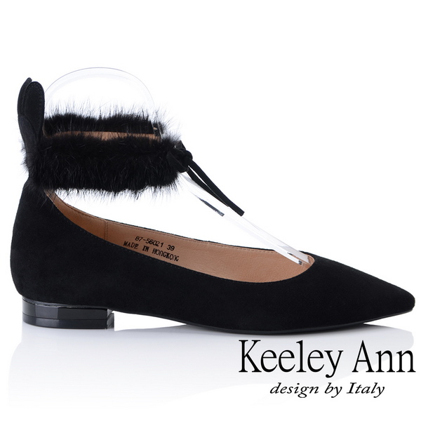Keeley Ann 氣質甜美~毛絨兔耳腳踝綁帶全真皮平底鞋(黑色-Ann)
