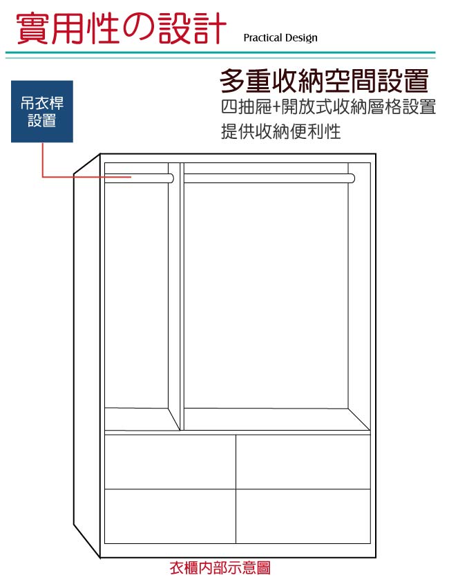 綠活居 優美樟木紋4尺實木三門四抽衣櫃/收納櫃-118.8x56.4x178.5cm免組
