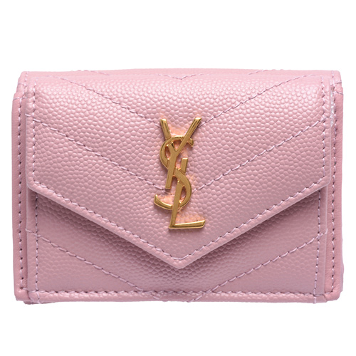 YSL MONOGRAM系列金色LOGO V字縫線魚子醬牛皮暗釦三折短夾(迷你-粉)