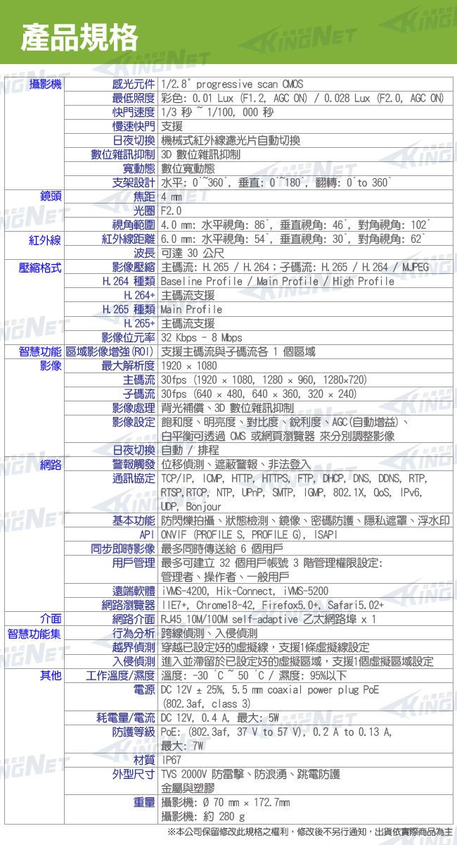 監視器攝影機 KINGNET HD1080P 海康 IPCAM POE供電 1080P