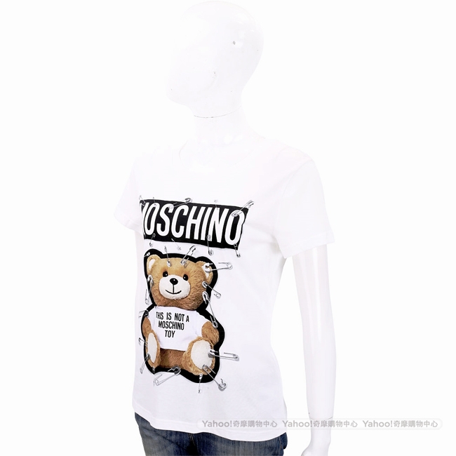 MOSCHINO 別針泰迪熊印花白色棉質T恤