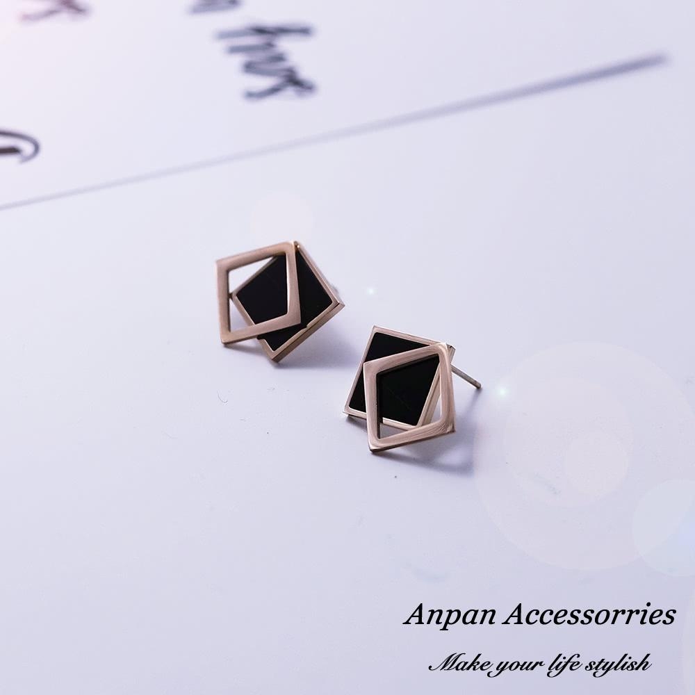 【Anpan 愛扮】韓東大門個性鈦鋼幾何方形耳釘式耳環