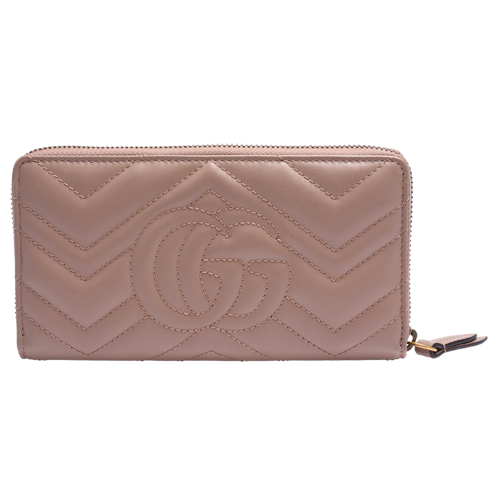 GUCCI 經典Marmont系列仿舊金色雙G LOGO山形車紋拉鍊長夾(煙燻粉)