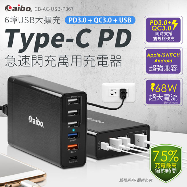 aibo P367 PD3.0+QC3.0+USB 68W急速閃充萬用充電器