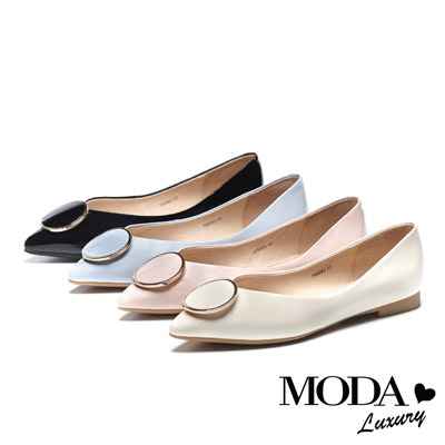 低跟鞋 MODA Luxury 日常亮面圓形飾釦全真皮尖頭低跟鞋－白