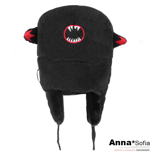 AnnaSofia 小惡魔絨毛超保暖口罩 加厚型雷鋒帽飛行帽(黑系)