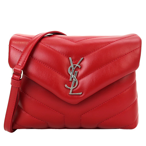 YSL Saint Laurent 銀LOGO牛皮Y字縫線翻小斜背包(紅)