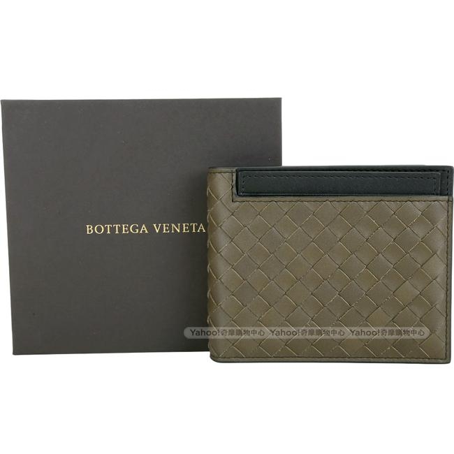 BOTTEGA VENETA附可拆黑色卡夾牛皮手工編織對折短夾(橄覽綠)