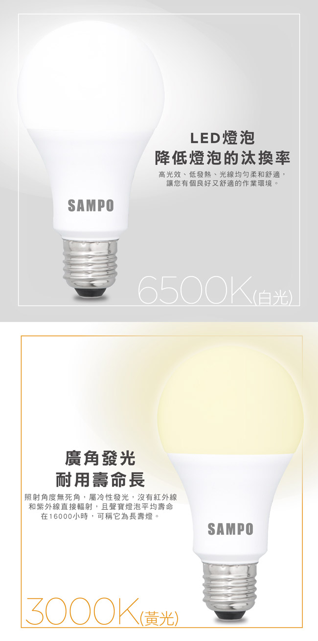 SAMPO聲寶 全電壓16W LED燈泡-超值3入組(白光/黃光可選)