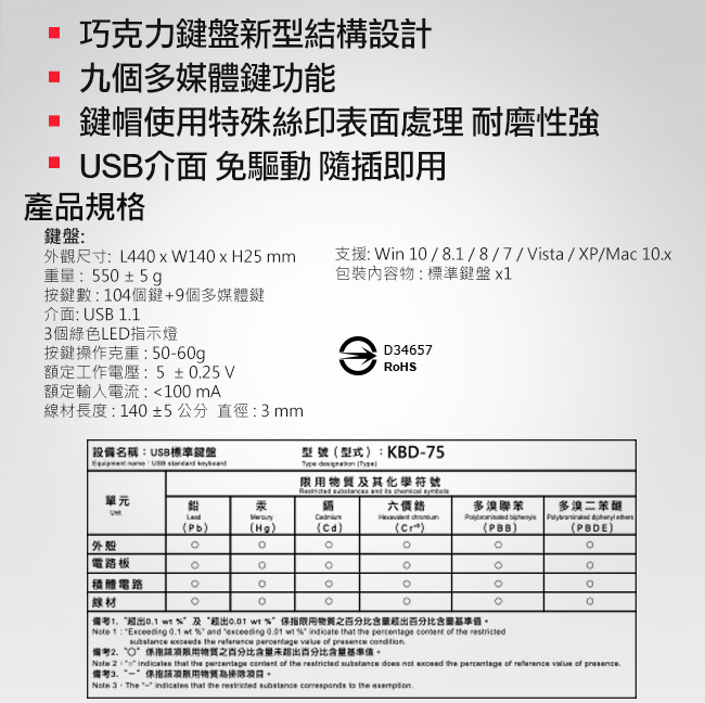 INTOPIC 廣鼎 USB標準鍵盤(KBD-75)