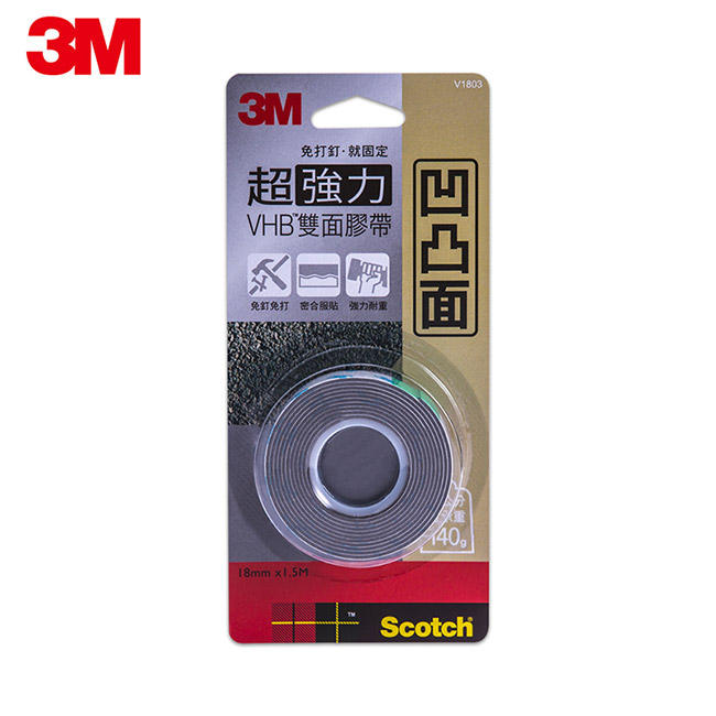 3M 日本製造凹凸面專用超強力VHB雙面膠帶 (18mmx1.5M)V1803