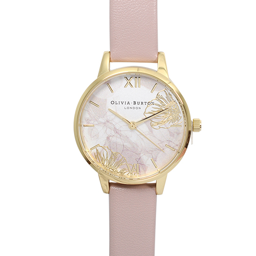 Olivia Burton 英倫復古手錶 抽象花卉浮雕 玫瑰粉色真皮錶帶金框30mm