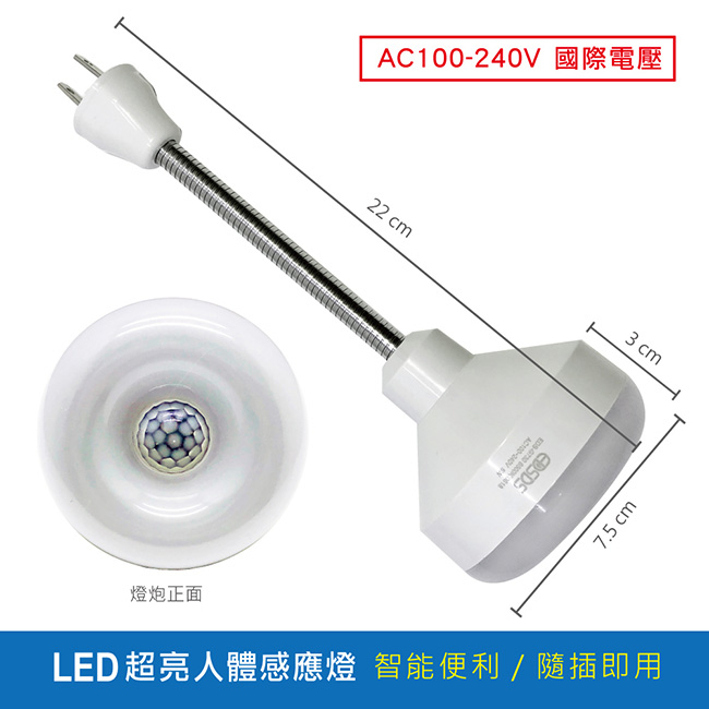 愛迪生 插頭式國際電壓可彎管LED感應燈