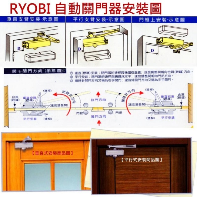 901 日本RYOBI 垂直式安裝 無停檔 窄門用 日本門弓器/自動關門器